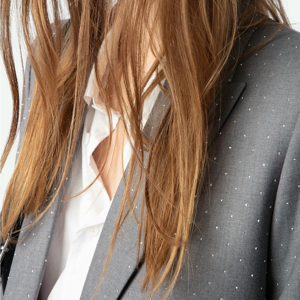 Zadig & Voltaire Valse Polka Dot Rhinestone Embellished Grey Structured Blazer - Picture 3 of 12